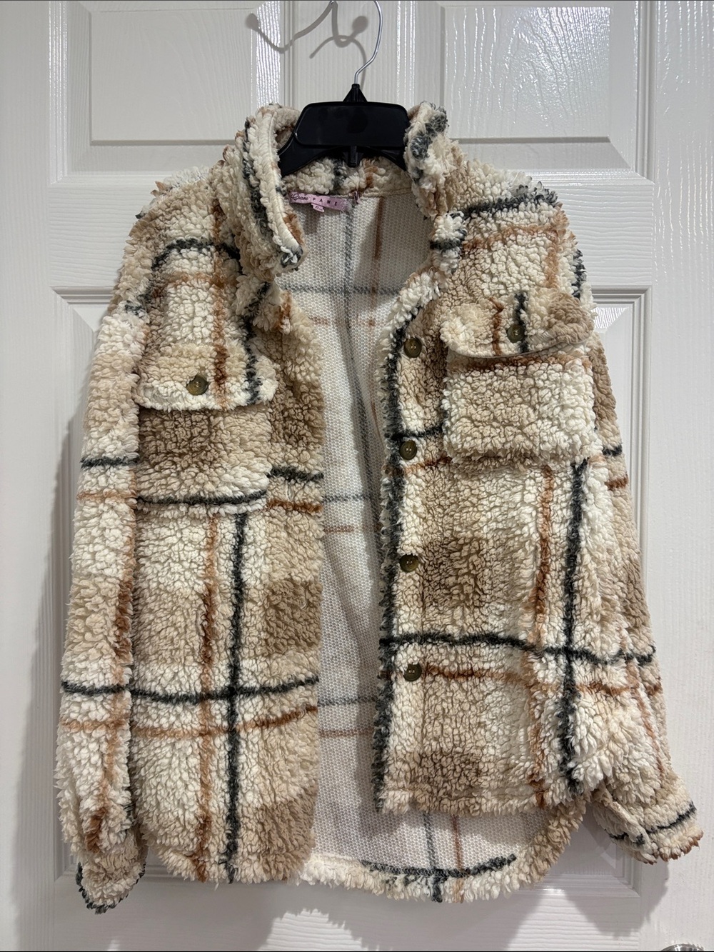 Cozy Plaid Sherpa Shacket in Cream and Tan
